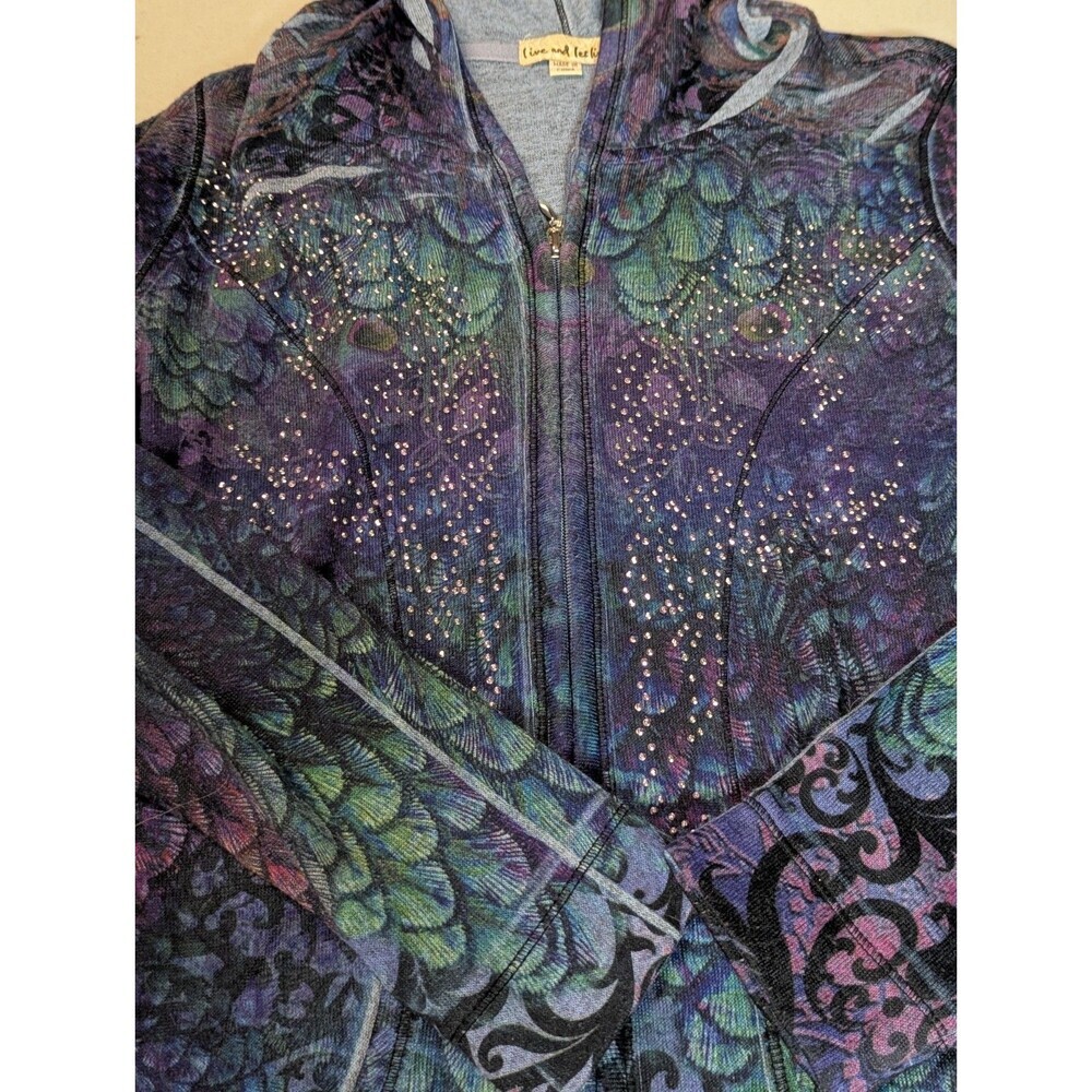 Live and Let Live Peacock Print Rhinestone Zip Up Hoodie Jacket Boho Large - Picture 14 of 14